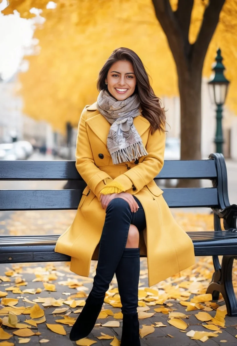 Portrait lifestyle de Sandra assise sur un banc entourée des couleurs de l'automne.